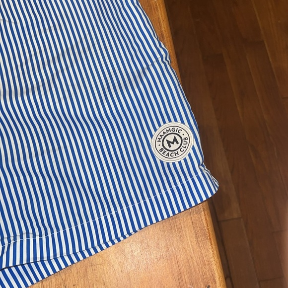 Men’s Maamgic Blue and White Vertical Striped Swim Trunks - Picture 3 of 5